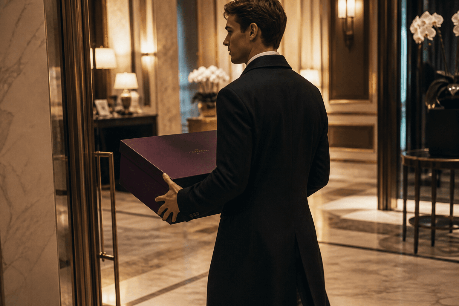 An L’Élite delivery arriving through a hotel lobby