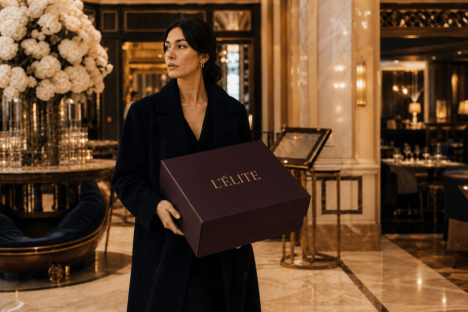 An L’ÉLITE floral gift being carried through a hotel lobby